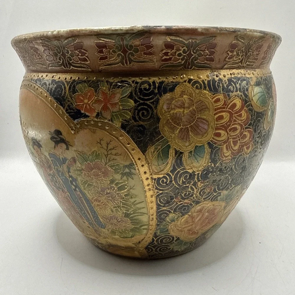 Vintage Satsuma Style Porcelain Fishbowl Planter Gold Trim5